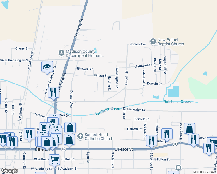 map of restaurants, bars, coffee shops, grocery stores, and more near 459 Harding Street in Canton