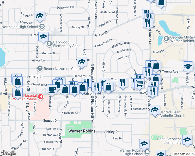 map of restaurants, bars, coffee shops, grocery stores, and more near 727 McArthur Boulevard in Warner Robins