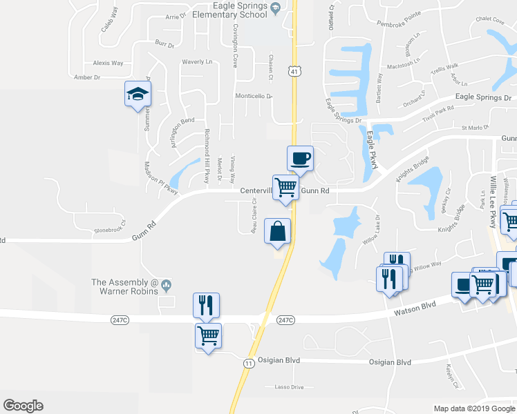 map of restaurants, bars, coffee shops, grocery stores, and more near 200 Beau Claire Circle in Byron