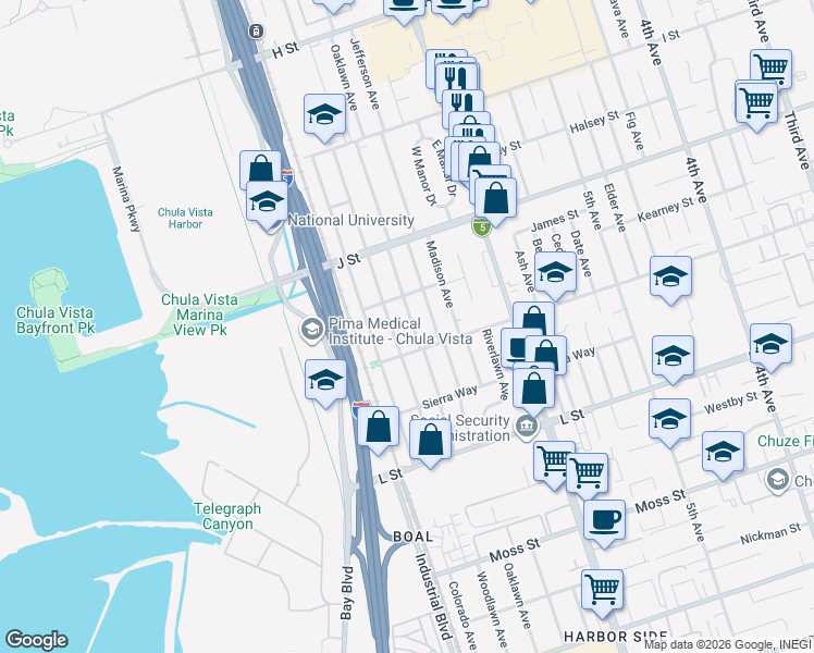 map of restaurants, bars, coffee shops, grocery stores, and more near 776 Oaklawn Avenue in Chula Vista