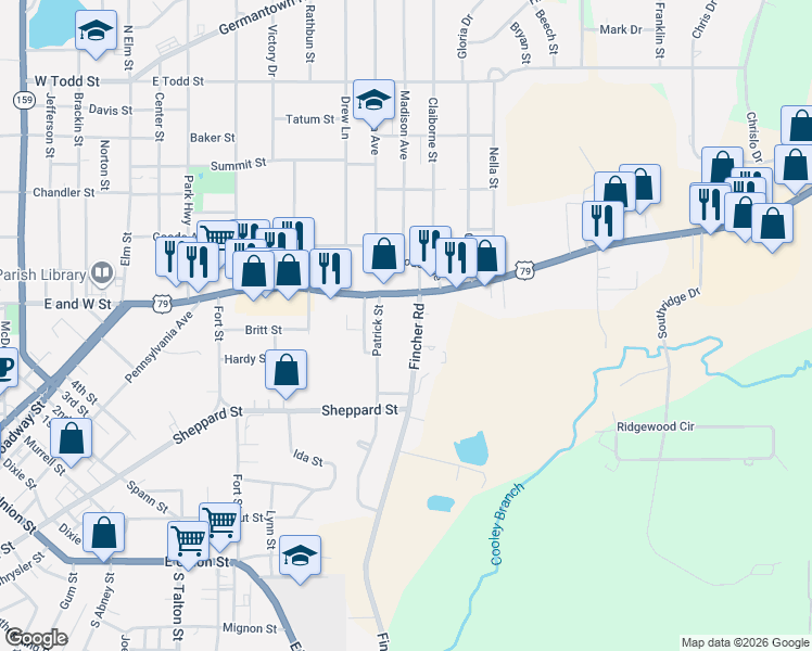 map of restaurants, bars, coffee shops, grocery stores, and more near 406 Fincher Road in Minden