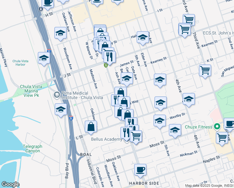 map of restaurants, bars, coffee shops, grocery stores, and more near in Chula Vista