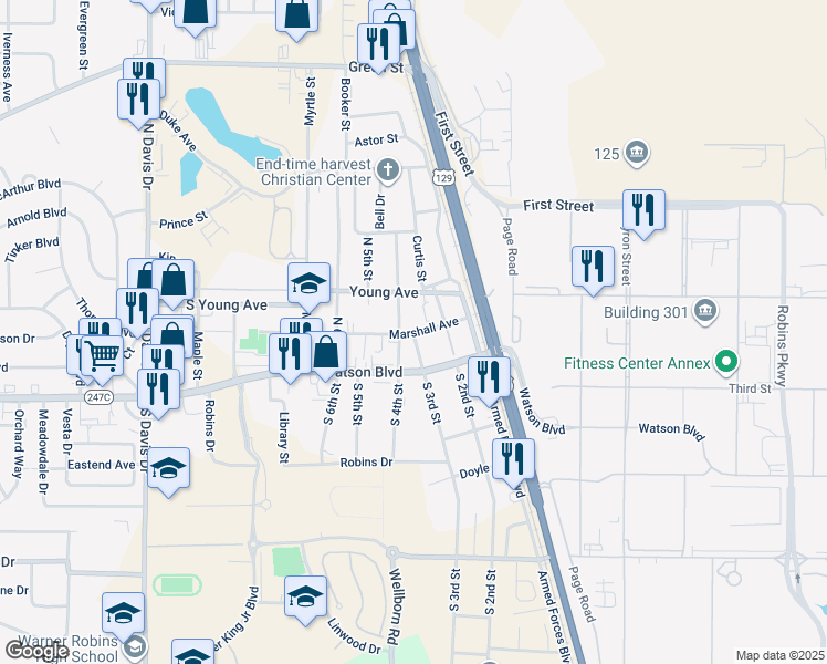 map of restaurants, bars, coffee shops, grocery stores, and more near 298 Marshall Avenue in Warner Robins