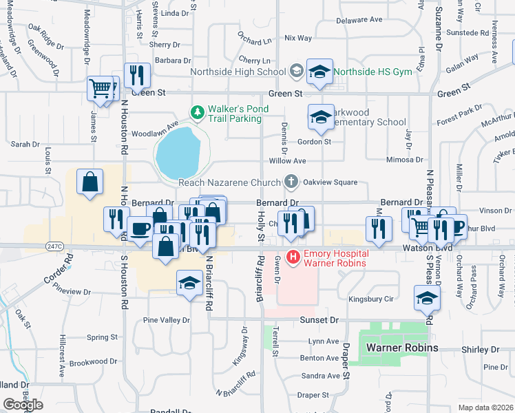 map of restaurants, bars, coffee shops, grocery stores, and more near 115 Holly Street in Warner Robins