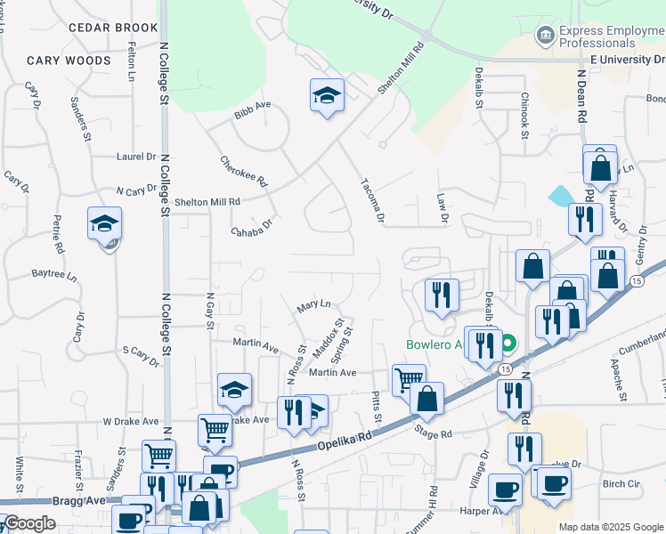 map of restaurants, bars, coffee shops, grocery stores, and more near 375 Jack Hampton Drive in Auburn