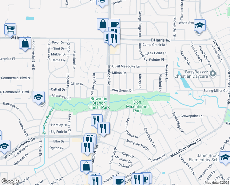 map of restaurants, bars, coffee shops, grocery stores, and more near 106 Westbrook Drive in Arlington