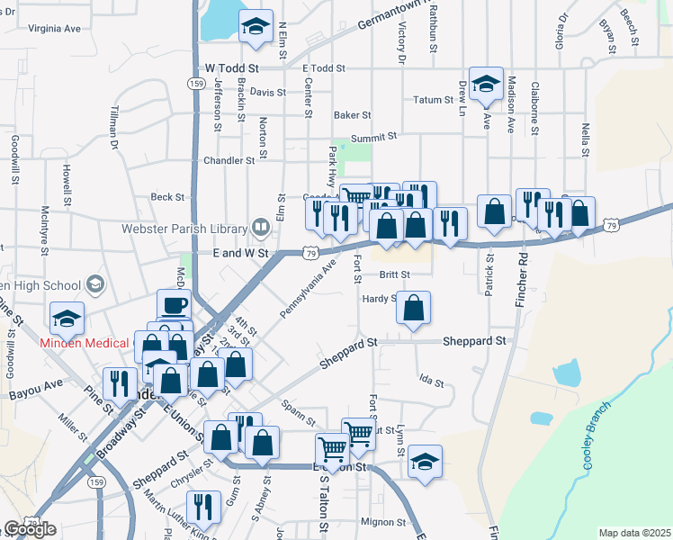 map of restaurants, bars, coffee shops, grocery stores, and more near 628 Pennsylvania Avenue in Minden