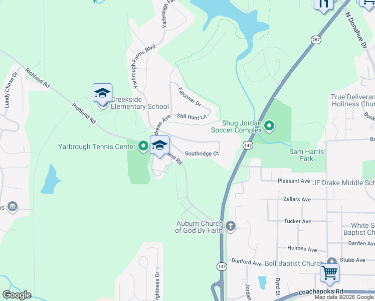 map of restaurants, bars, coffee shops, grocery stores, and more near 1299 Southridge Court in Auburn