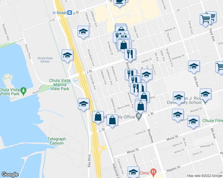 map of restaurants, bars, coffee shops, grocery stores, and more near 783 Jefferson Avenue in Chula Vista