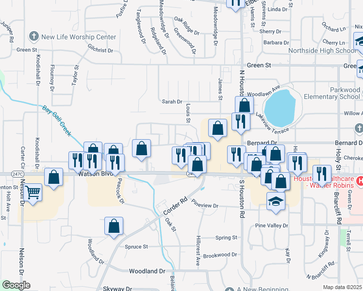 map of restaurants, bars, coffee shops, grocery stores, and more near 126 Woodcrest Circle in Warner Robins