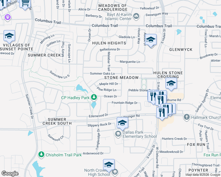 map of restaurants, bars, coffee shops, grocery stores, and more near 4624 Pine Ridge Lane in Fort Worth