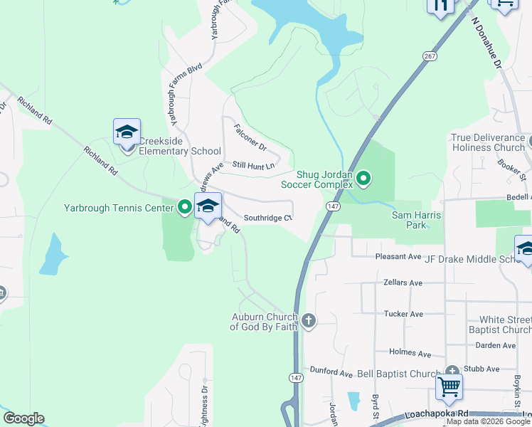 map of restaurants, bars, coffee shops, grocery stores, and more near 1299 Southridge Court in Auburn