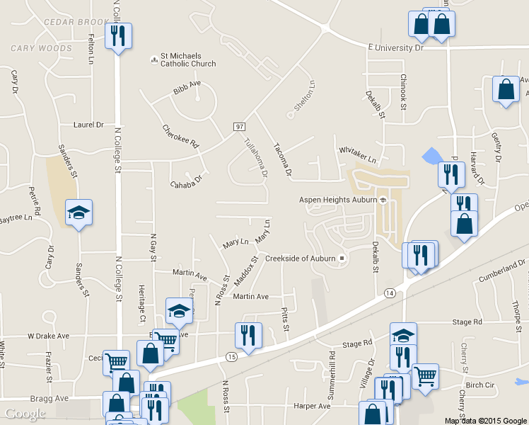 map of restaurants, bars, coffee shops, grocery stores, and more near 397 Jack Hampton Drive in Auburn