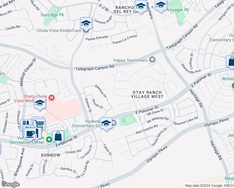 map of restaurants, bars, coffee shops, grocery stores, and more near 1337 Santa Olivia Road in Chula Vista