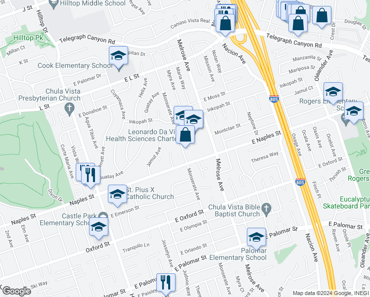 map of restaurants, bars, coffee shops, grocery stores, and more near 1063 Monserate Avenue in Chula Vista