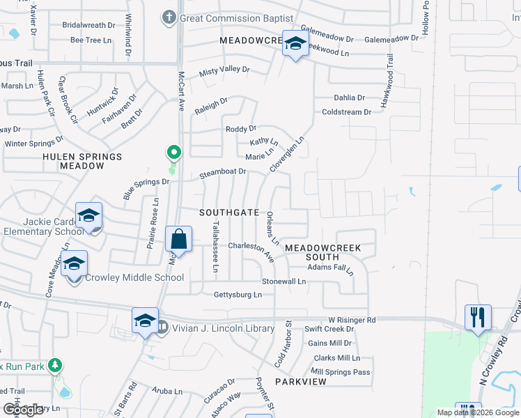 map of restaurants, bars, coffee shops, grocery stores, and more near 8341 Cloverglen Lane in Fort Worth