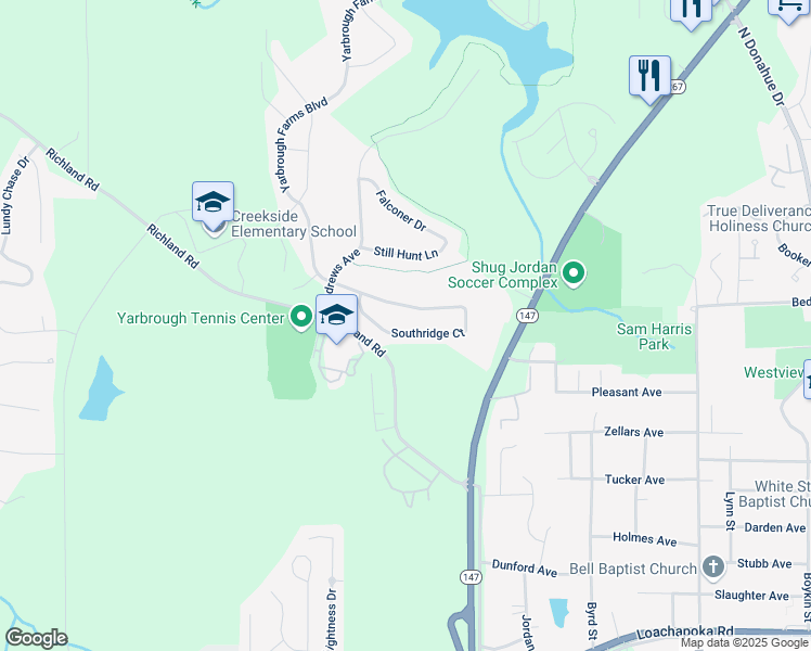 map of restaurants, bars, coffee shops, grocery stores, and more near 1299 Southridge Court in Auburn