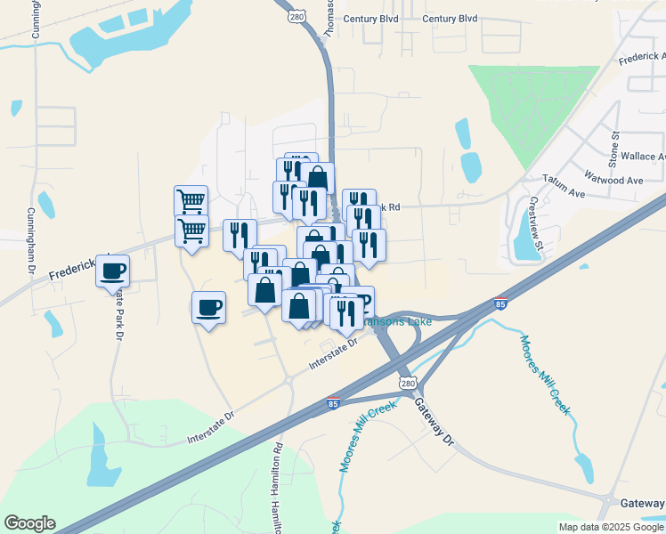 map of restaurants, bars, coffee shops, grocery stores, and more near 2640 Enterprise Drive in Opelika