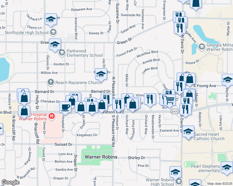 map of restaurants, bars, coffee shops, grocery stores, and more near 727 McArthur Boulevard in Warner Robins