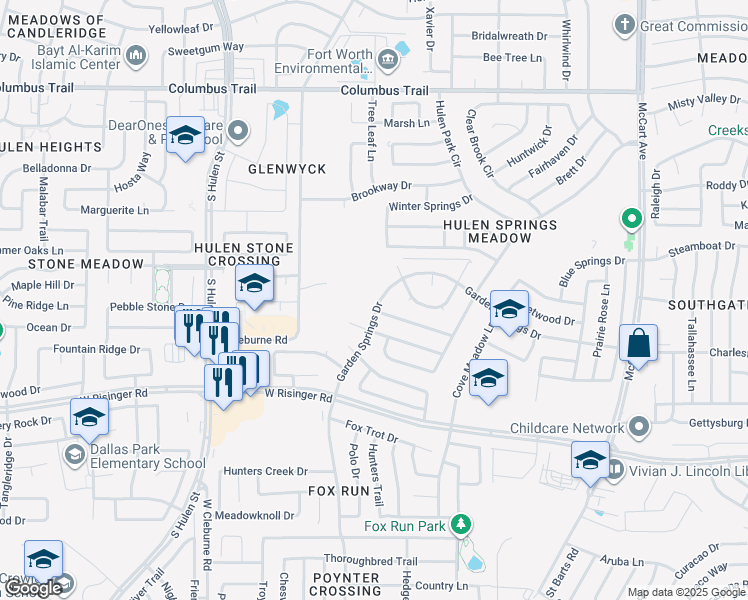 map of restaurants, bars, coffee shops, grocery stores, and more near 8524 Garden Springs Drive in Fort Worth
