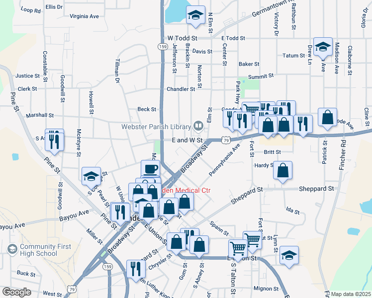 map of restaurants, bars, coffee shops, grocery stores, and more near 110 Kirby Place in Minden