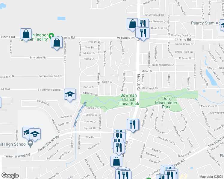 map of restaurants, bars, coffee shops, grocery stores, and more near 7811 Calgary Lane in Arlington