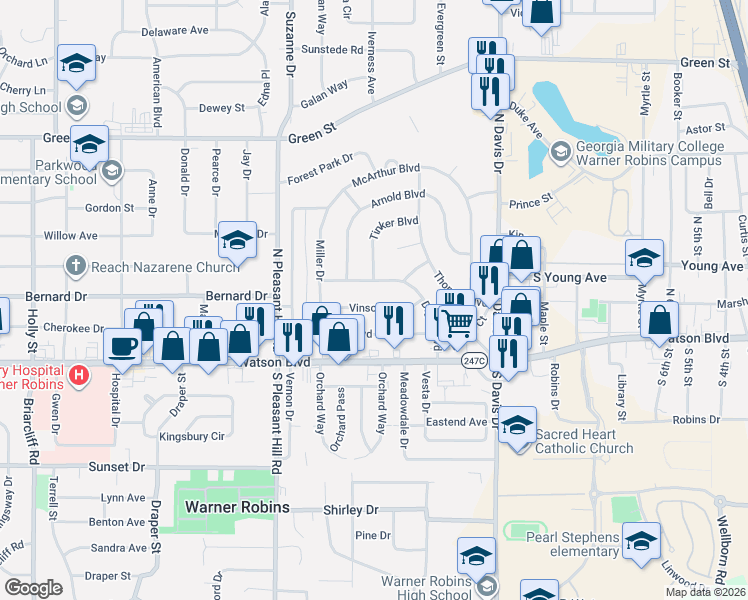 map of restaurants, bars, coffee shops, grocery stores, and more near 121 Vinson Drive in Warner Robins
