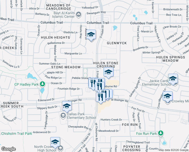 map of restaurants, bars, coffee shops, grocery stores, and more near 8321 Rock Canyon Court in Fort Worth