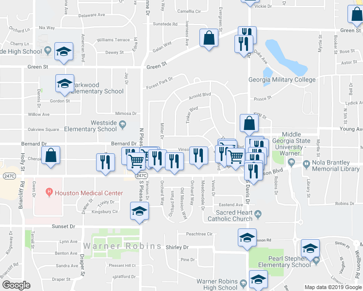 map of restaurants, bars, coffee shops, grocery stores, and more near 121 Vinson Drive in Warner Robins