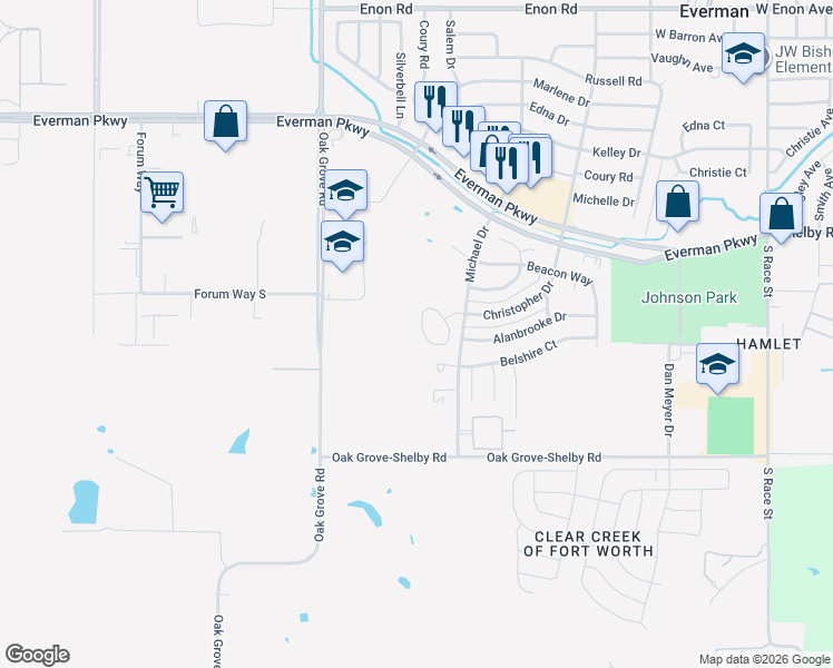 map of restaurants, bars, coffee shops, grocery stores, and more near 9112 Christopher Circle in Fort Worth
