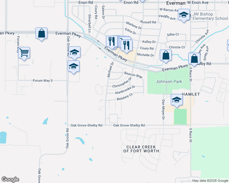 map of restaurants, bars, coffee shops, grocery stores, and more near 1817 Alanbrooke Drive in Fort Worth