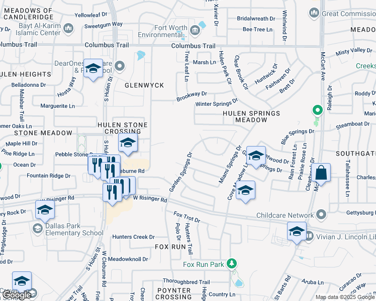 map of restaurants, bars, coffee shops, grocery stores, and more near 8524 Garden Springs Drive in Fort Worth