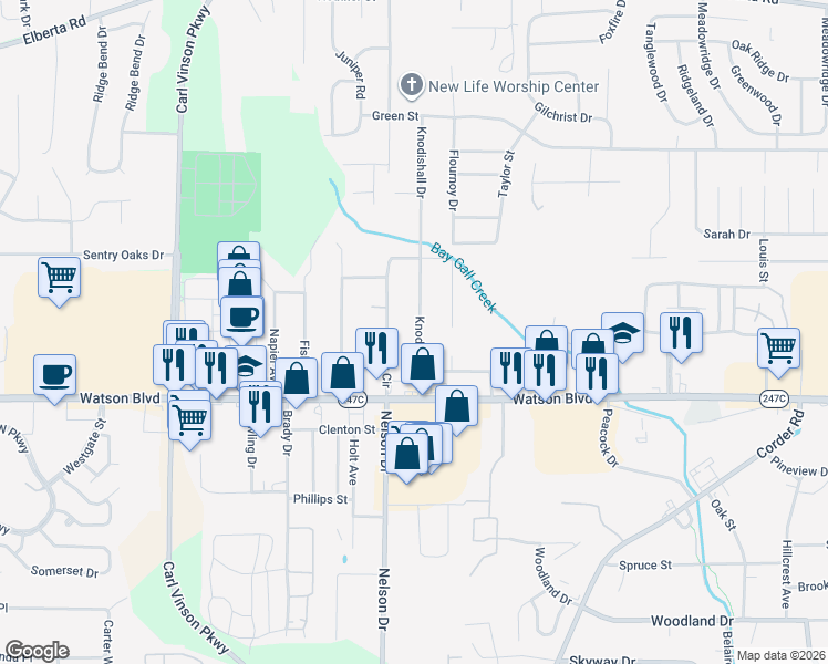 map of restaurants, bars, coffee shops, grocery stores, and more near 208 Knodishall Drive in Warner Robins