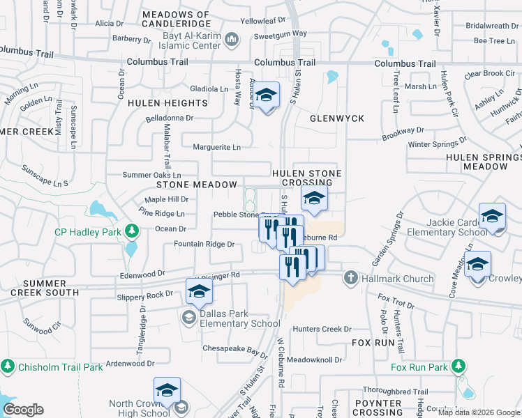 map of restaurants, bars, coffee shops, grocery stores, and more near 4432 Pebble Stone Drive in Fort Worth