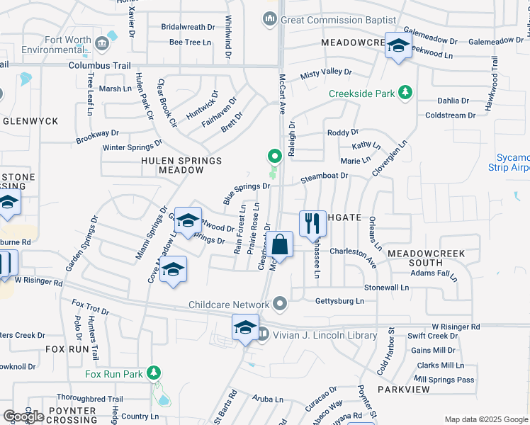 map of restaurants, bars, coffee shops, grocery stores, and more near 8328 Clearbrook Drive in Fort Worth