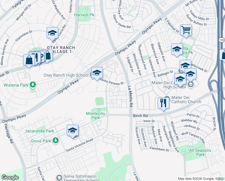 map of restaurants, bars, coffee shops, grocery stores, and more near 1560 Corte Barcelona in Chula Vista