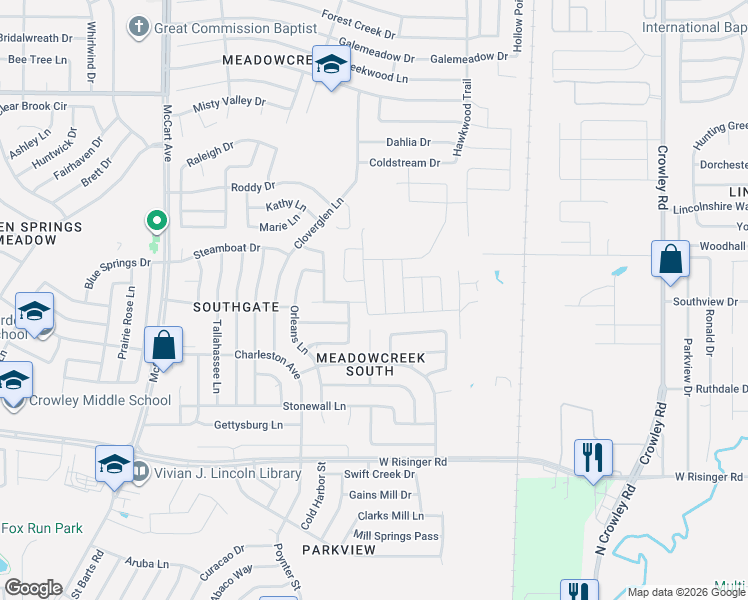 map of restaurants, bars, coffee shops, grocery stores, and more near 2401 Cunningham Street in Fort Worth
