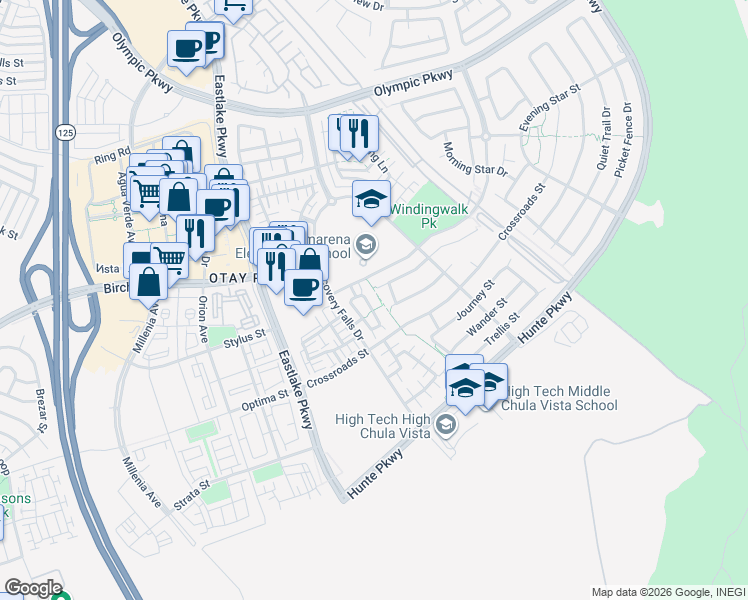 map of restaurants, bars, coffee shops, grocery stores, and more near 1721 Cripple Creek Drive in Chula Vista