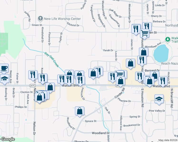 map of restaurants, bars, coffee shops, grocery stores, and more near 108 Westcliff Circle in Warner Robins