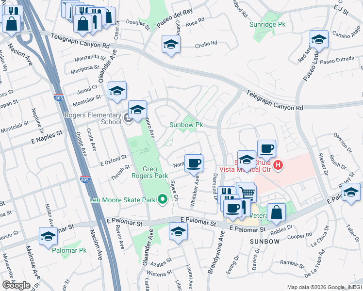map of restaurants, bars, coffee shops, grocery stores, and more near 595 Hampshire Lane in Chula Vista