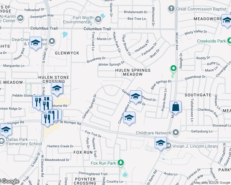 map of restaurants, bars, coffee shops, grocery stores, and more near 8512 Orlando Springs Drive in Fort Worth