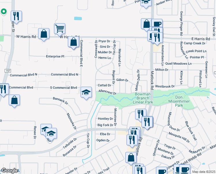 map of restaurants, bars, coffee shops, grocery stores, and more near 908 Cattail Drive in Arlington