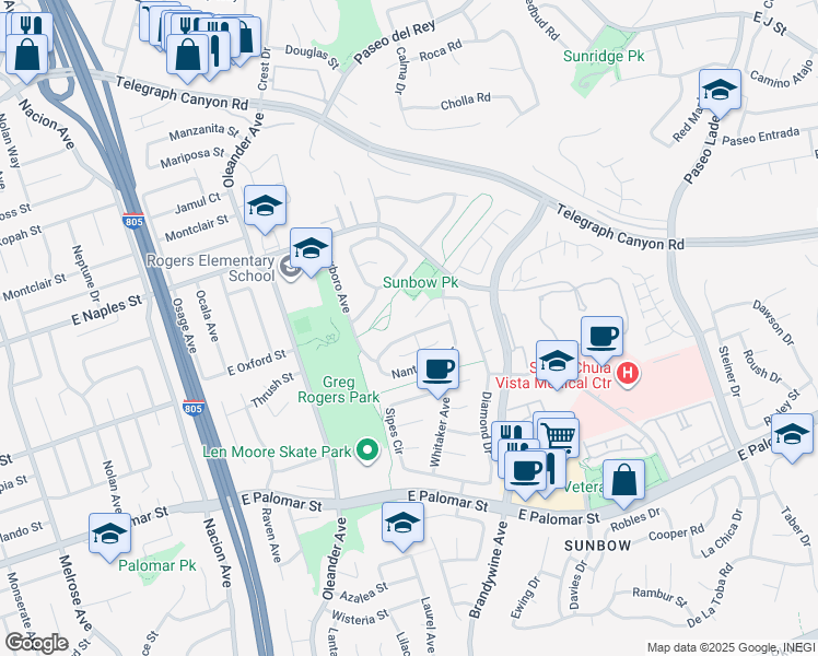 map of restaurants, bars, coffee shops, grocery stores, and more near 595 Hampshire Lane in Chula Vista