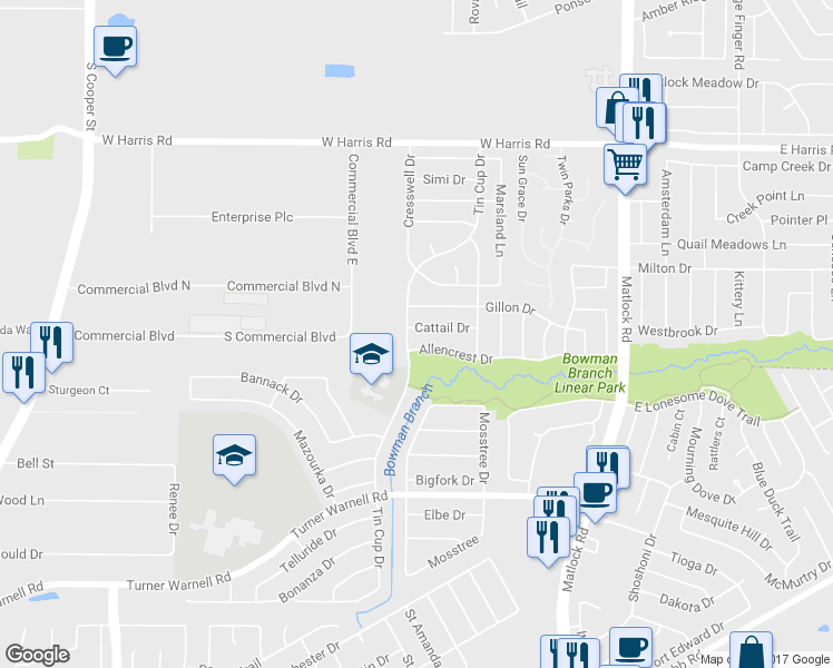 map of restaurants, bars, coffee shops, grocery stores, and more near 928 Cattail Drive in Arlington