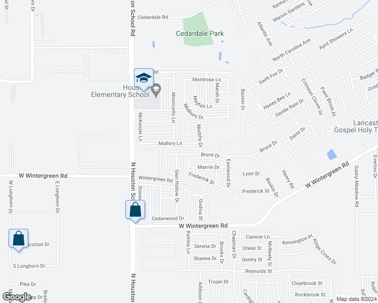 map of restaurants, bars, coffee shops, grocery stores, and more near 2221 Bruce Drive in Lancaster