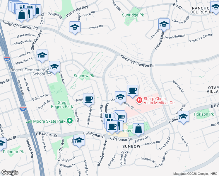 map of restaurants, bars, coffee shops, grocery stores, and more near 1231 Medical Center Drive in Chula Vista