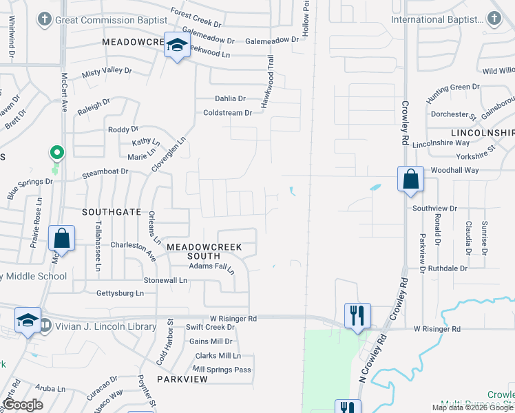 map of restaurants, bars, coffee shops, grocery stores, and more near 2500 Tar Heel Drive in Fort Worth