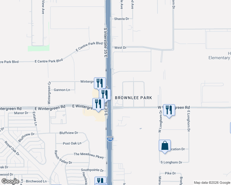 map of restaurants, bars, coffee shops, grocery stores, and more near 2532 South Interstate 35 East in Lancaster