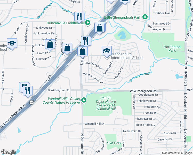 map of restaurants, bars, coffee shops, grocery stores, and more near 223 Meadow Creek Drive in Duncanville