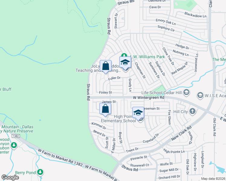 map of restaurants, bars, coffee shops, grocery stores, and more near 613 Finley Street in Cedar Hill